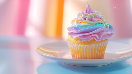 A beautifully decorated cupcake with colorful frosting on a white plate