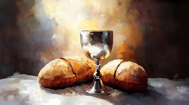 Painting of bread with silver chalice of wine. christian communion concept for reminder of jesus sacrifice. Chalice. Illustration