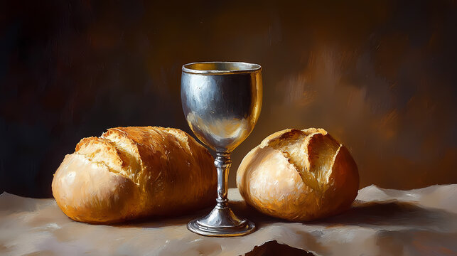 Painting of bread with silver chalice of wine. christian communion concept for reminder of jesus sacrifice. Chalice. Illustration