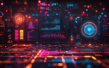 Obraz premium A visually striking digital innovation concept with virtual environment graphics, dynamic data visualization, and futuristic design elements, neon lighting, ultraHD, cinematic view