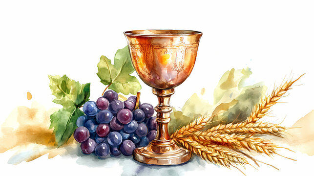 Sacred chalice with grapes and wheat. religious communion ceremony in watercolor painting. Chalice. Illustration