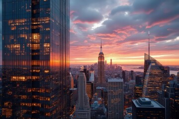 Illuminated Skyscrapers at Sunset Over City Skyline