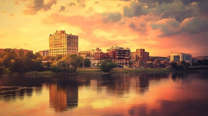 Naklejka premium Cityscape at Sunset Over River Reflecting Buildings