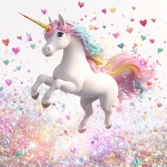 Magical Unicorn Galloping Through Sparkling Hearts