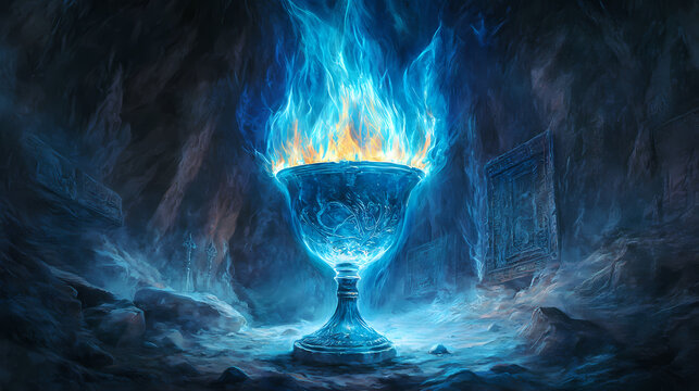 Vibrant blue flames emanating from a goblet in a dark mystical cavern filled with ancient artifacts, mystical, cavern. Chalice. Illustration
