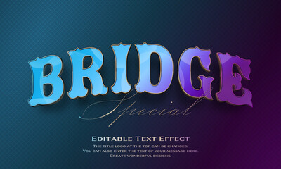 Obraz premium ”Bridge Special” Editable title logo text style effect in blue, light blue and purple gradation thin golden border, sans serif typeface 