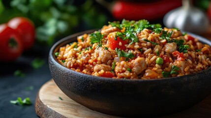 This dish is a delightful combination of white rice and seafood, garnished with fresh herbs.