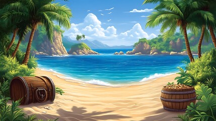 Tropical Island Beach Scene With Treasure Chests