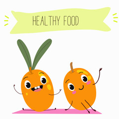 Fototapeta premium Sea buckthorn, funny berry, fruit cute cheerful characters. Vector hand drawn illistration.