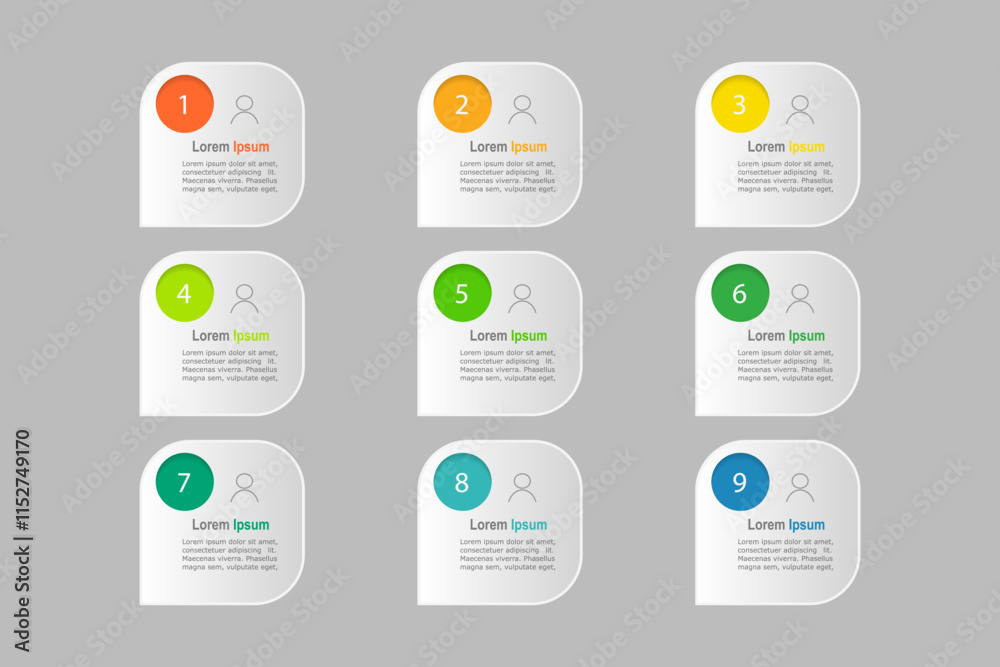Poster business concept with 9 steps, rectangle with colorful label ,design for workflow layout, diagram, a
