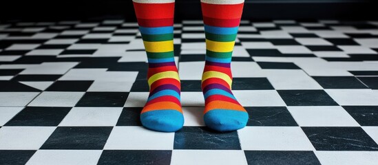 Colorful Socks on Checkered Floor, Fashionable and Playful