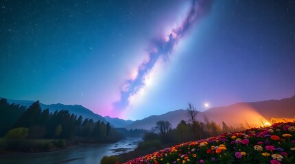 Spring Forest Mountain River in Nebula Starry Night