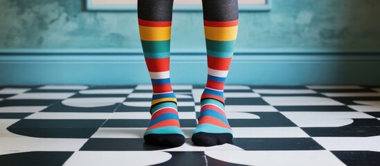 Colorful Socks on Checkered Floor, Fashionable and Playful