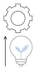 Gear, upward arrow, and lightbulb with plant symbolize progress and sustainable innovation. Ideal for themes of technology development, green energy, creativity, growth, ecology, environmentalism