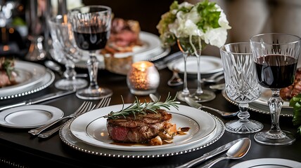 Elegant Dinner Setting Steak, Rosemary, Wine, Crystal, Fine Dining