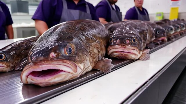 Fresh fish arranged on a workbench with workers preparing for market sale in a seafood processing facility