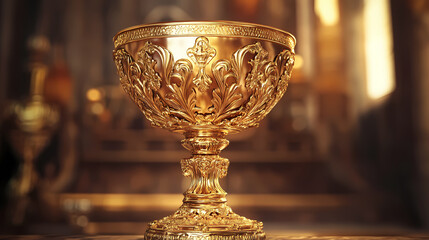 Golden chalice with ornate details, regal scene, 3d illustration. Chalice. Illustration
