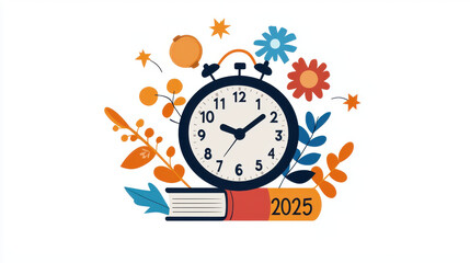 To-do list 2025 concept. Colorful clock and flowers with book representing productive 2025
