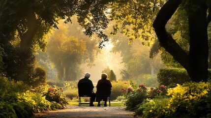 Elderly couple sits on chairs facing a sunlit garden path.