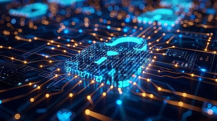 Cyber Security: Digital Lock on Circuit Board with Data Stream