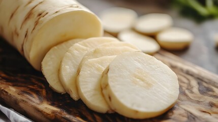 Close up sliced Parsnip on wooden board