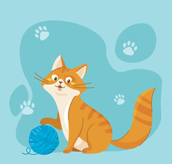 Pictures with cat. Orange kitten sitting and play with blue woolen ball. Adorable domestic animal. Cute pet. Purebred mammal. Poster or banner. Flat vector illustration