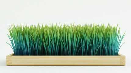 A vivid display of deep green and cyan grass-like plants, carefully placed in a rectangular bamboo tray, displayed crisply on a stark white background, showing the subtle shine of the blades, vivid co
