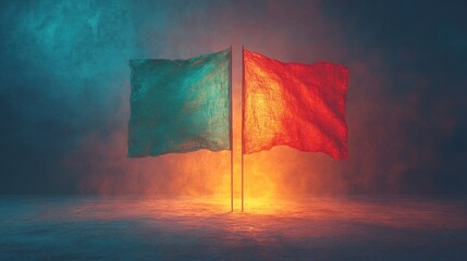 Two flags, teal and red, billow dramatically in a smoky, dark environment, symbolizing opposition or conflict.