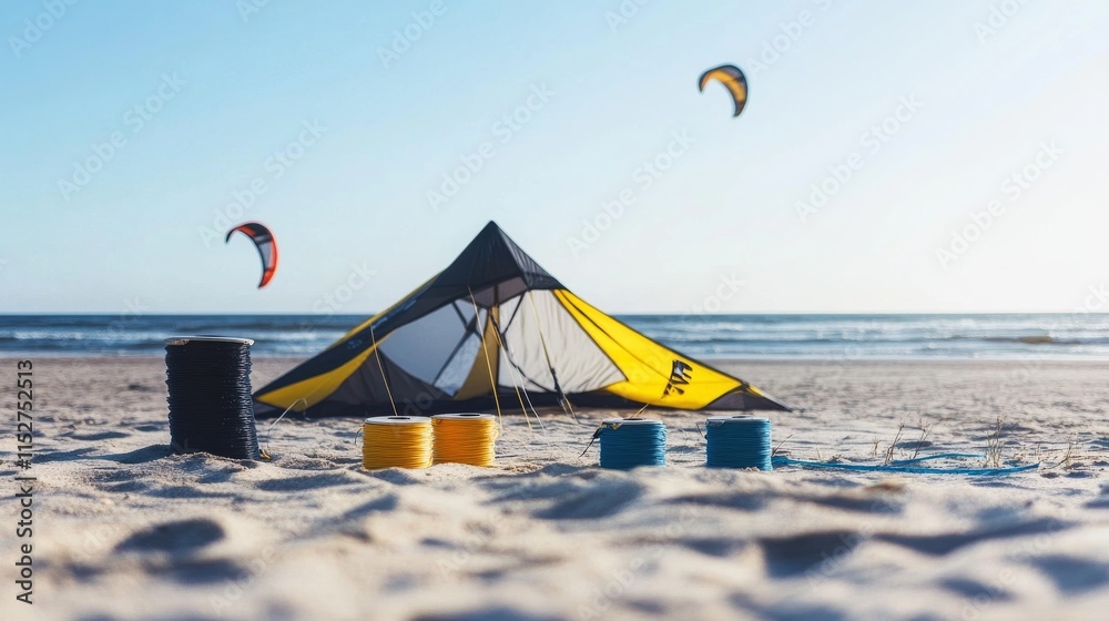Poster a detailed kite flying setup on a breezy beach, kites and spools of string neatly organized, minimal