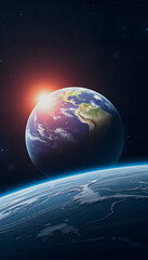 Fototapeta premium Planet Earth with a bright sunrise illuminating its surface, viewed from space, showcasing the beginning of a new day on our world