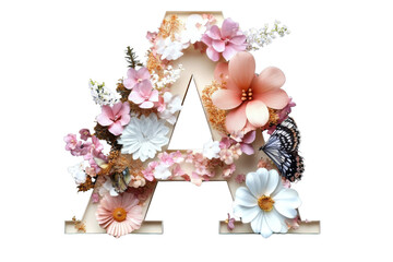 floral letter a with butterflies on white background