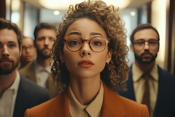 A close-up of professionals in a queue, their expressions showing a mix of anticipation