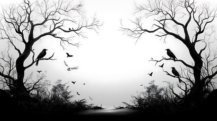 Silhouette Crows on Barren Trees: A Haunting Digital Illustration AI Generated