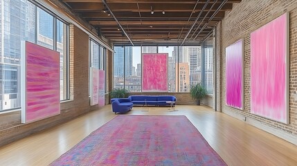Modern Loft Apartment Featuring Abstract Pink Artwork