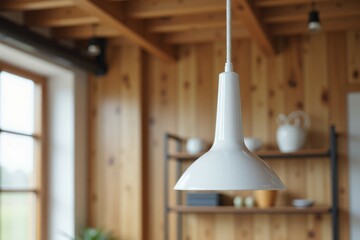 White pendant lamp hangs in a wooden room