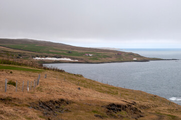 Drangsnes Iceland, view of farmland along coastline