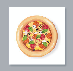 Poster with pizza. Traditional italian cuisine. Fast food and takeaway eating. Flyer or booklet for pizzeria. Pizza with mushrooms, peppers and tomatoes. Flat vector illustration