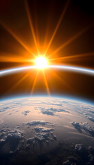 Radiant sun rising over the Earth's atmosphere, casting a golden glow and highlighting the planet's beauty from the vantage point of space