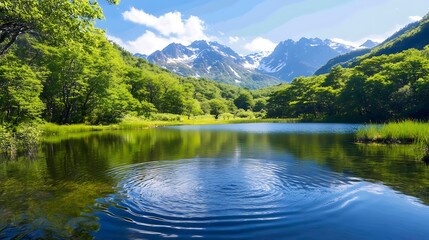 Fototapeta premium Serene mountain lake reflecting snow-capped peaks under a vibrant blue sky.