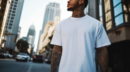 Fototapeta premium Stylish Blank White T-Shirt on a Tattooed Man in Urban Setting