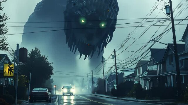 A Mysterious Giant Creature Emerges from Fog Over a Quiet Suburban Neighborhood at Dusk