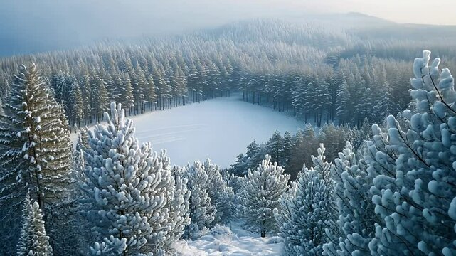 Aerial view of a snow covered frozen lake in the forest.