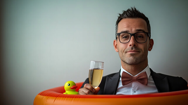 Man in tuxedo enjoys champagne in inflatable pool with rubber duck
