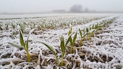 Frosty winter wheat field with young sprouts emerging from snow-covered ground.