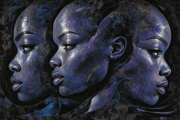 Triple Portrait Abstract Faces in Blue and Purple