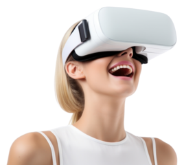PNG A Woman with glasses of virtual reality technology white background happiness.