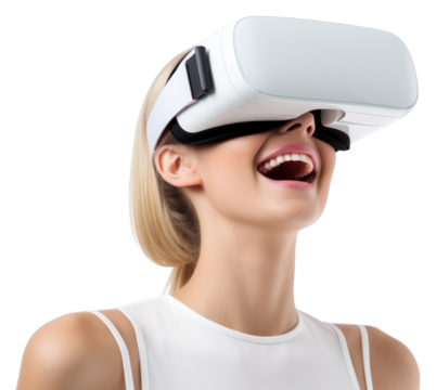 PNG A Woman with glasses of virtual reality technology white background happiness.