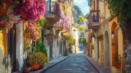 A sunlit Italian alleyway adorned with vibrant flowers