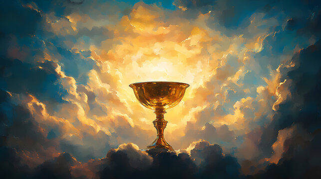 Divine presence eucharist with sacred chalice and host in sky religious digital painting. Chalice. Illustration