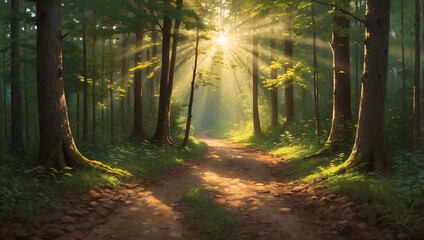 Fototapeta premium Romantic Forest Trail with Sunlit Glow